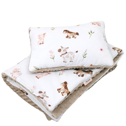 Handmade baby bedding set for crib featuring adorable farm animals with soft mocha plush backing, perfect for cozy farm-themed nurseries.