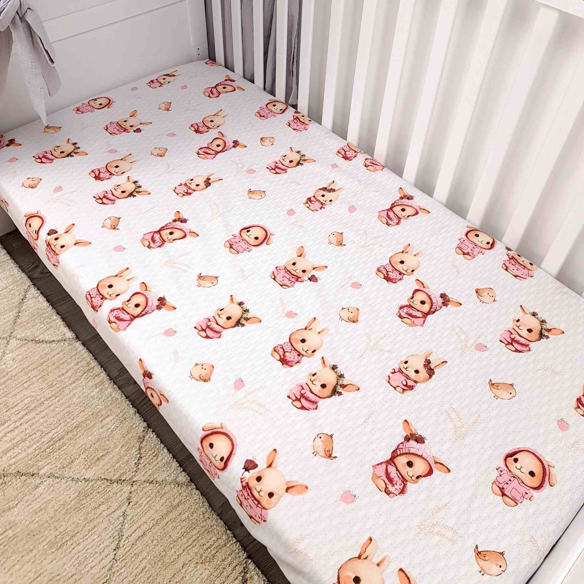 fitted cotton sheet for cot bed 70x140cm bunny pink pattern for baby nursery