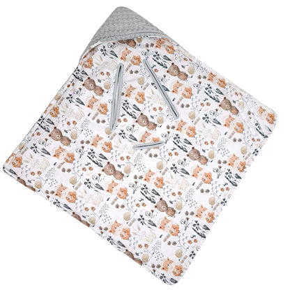 Evcushy Forest Friends car seat blanket with hood and grey plush, safe for 5-point harness, breathable cotton for newborns 0–12 months.