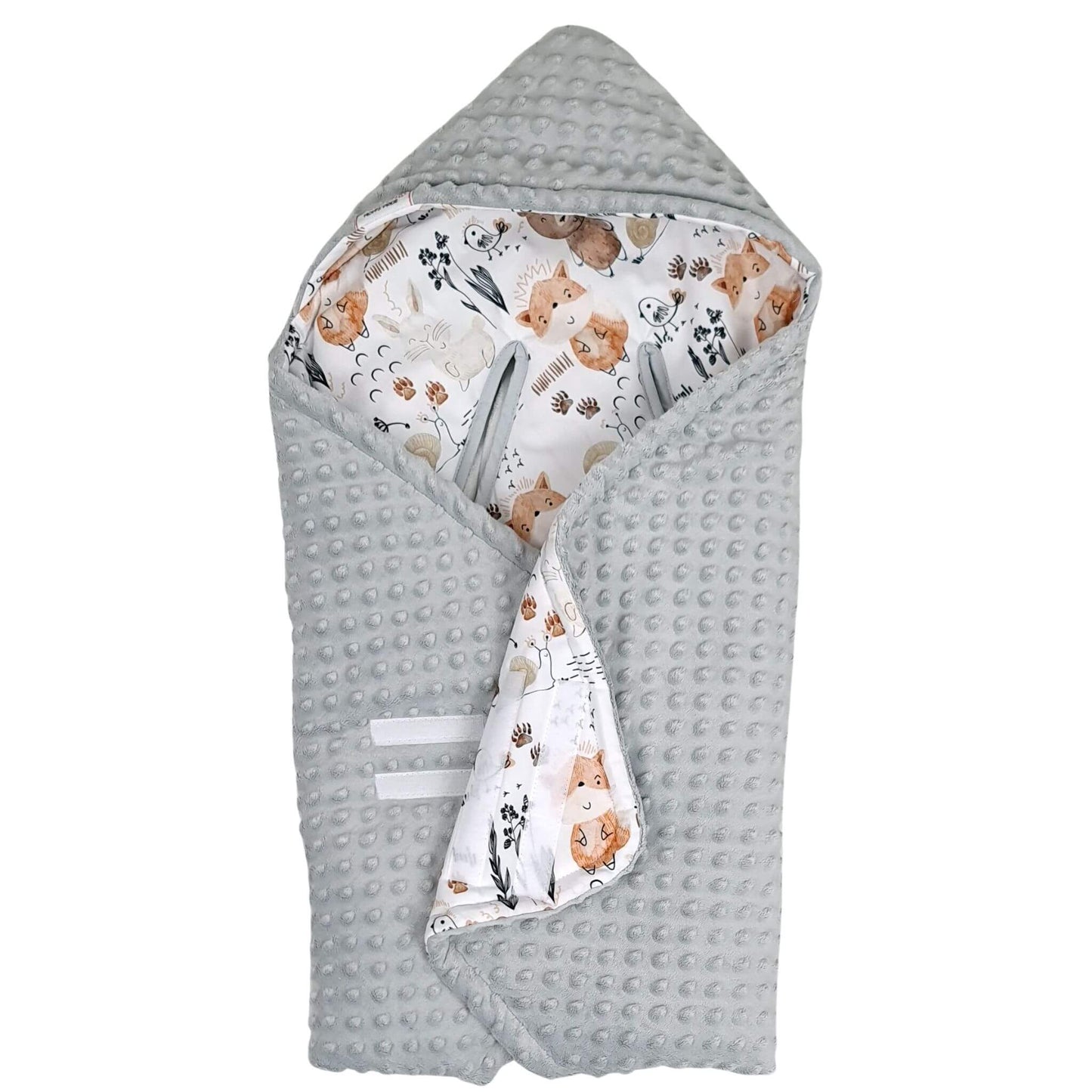 Forest Friends infant car seat wrap in premium cotton with soft grey plush, cosy hooded design for babies, fits 5-point harness systems.