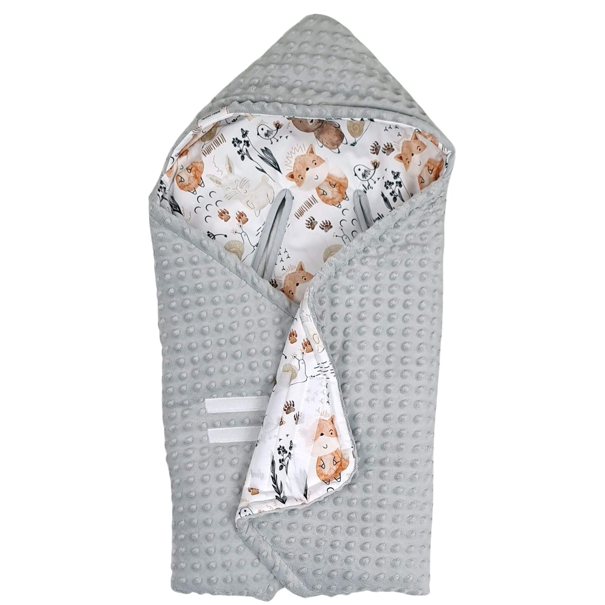 Forest Friends infant car seat wrap in premium cotton with soft grey plush, cosy hooded design for babies, fits 5-point harness systems.