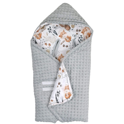 Forest Friends infant car seat wrap in premium cotton with soft grey plush, cosy hooded design for babies, fits 5-point harness systems.