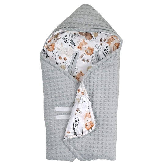 Forest Friends infant car seat wrap in premium cotton with soft grey plush, cosy hooded design for babies, fits 5-point harness systems.