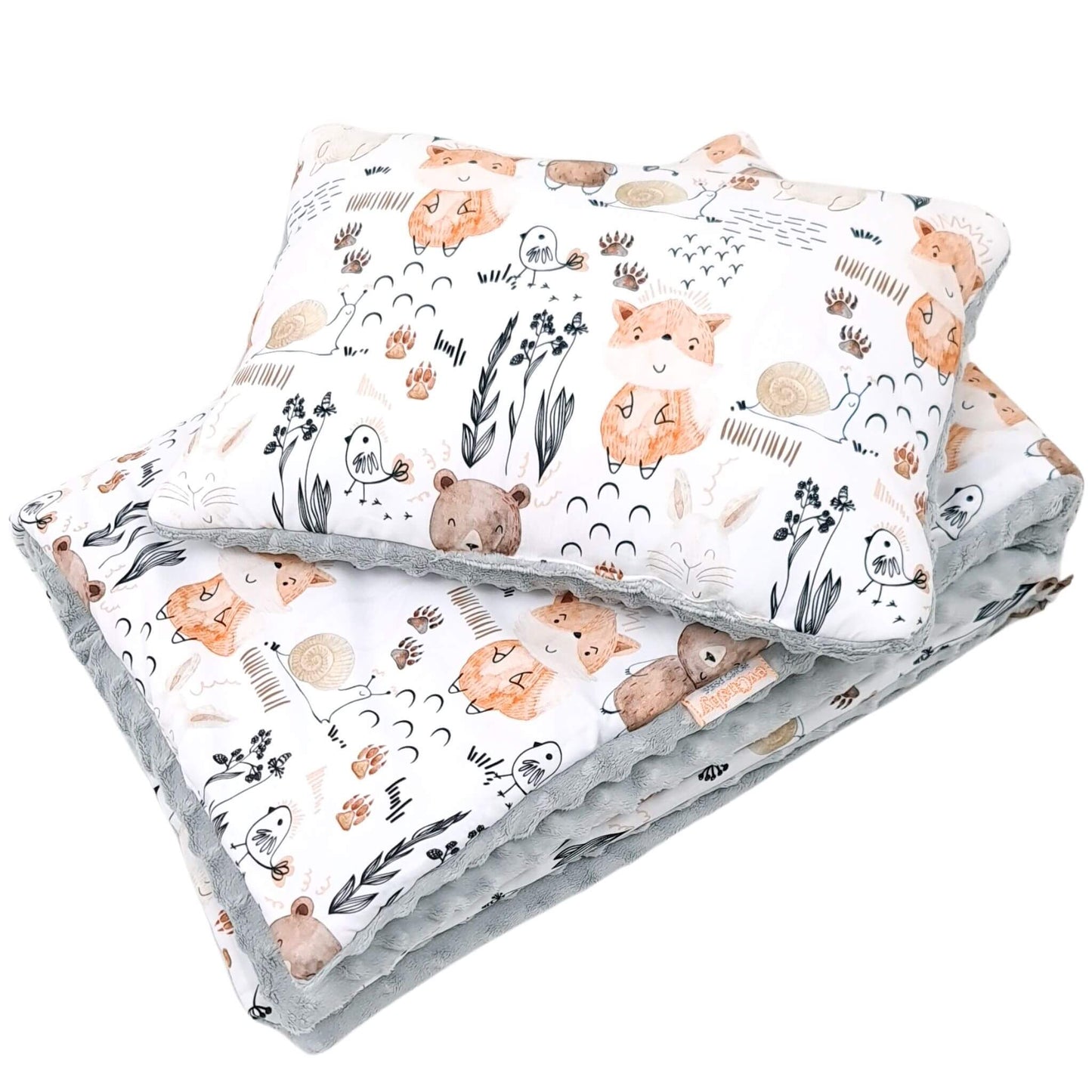 Woodland theme baby bedding with forest animals and grey minky fleece backing. quilt and pillow for baby -2 years