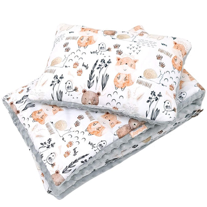 Woodland theme baby bedding with forest animals and grey minky fleece backing. quilt and pillow for baby -2 years
