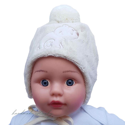 baby warm hat fleece hat with pom-pom beige colour hat with white pom-pom evCushy