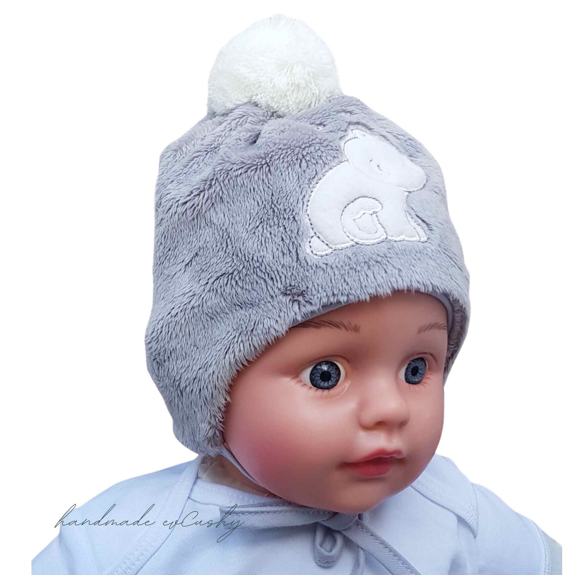 hat for winter for baby warm hat fleece hat with pom-pom grey hat with white pom-pom evCushy