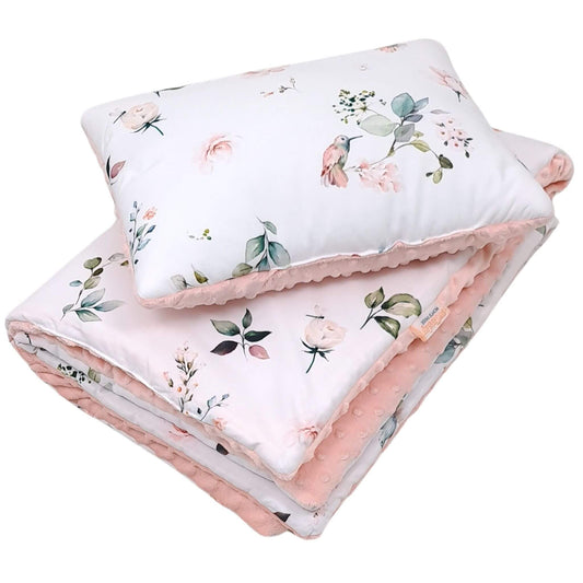 Handmade peach-pink baby bedding featuring hummingbirds and floral design. 1-2 years old