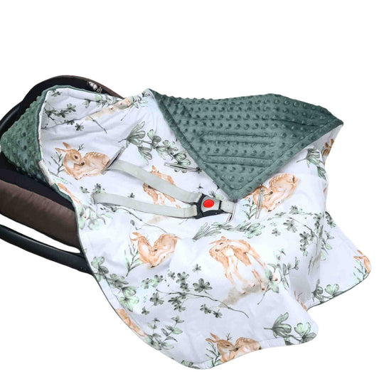 infants car seat blanket with hood green plush baby deers and eucaliptus pattern