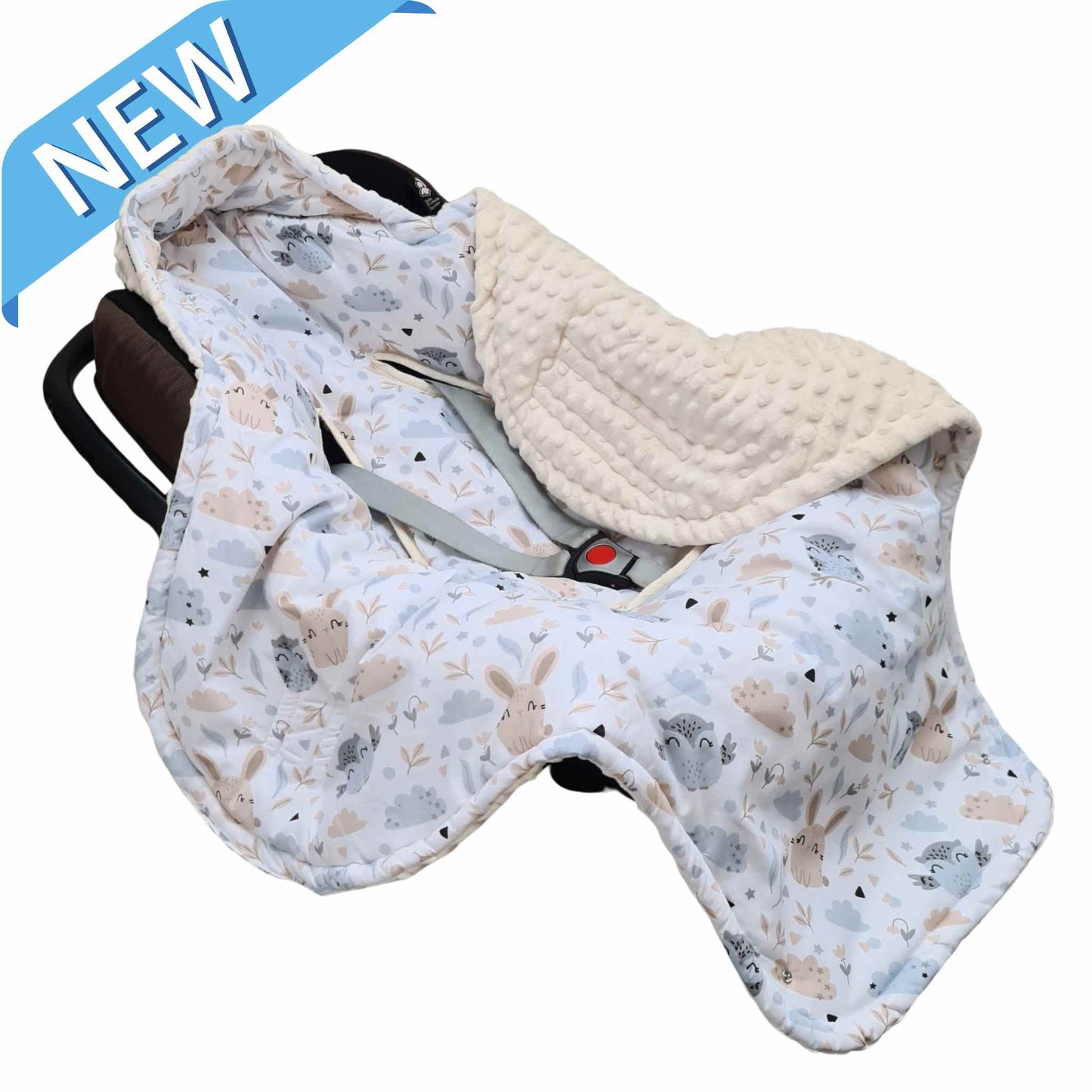 Universal car seat blanket infants 0-12 months owls bunnies pattern with cream plush