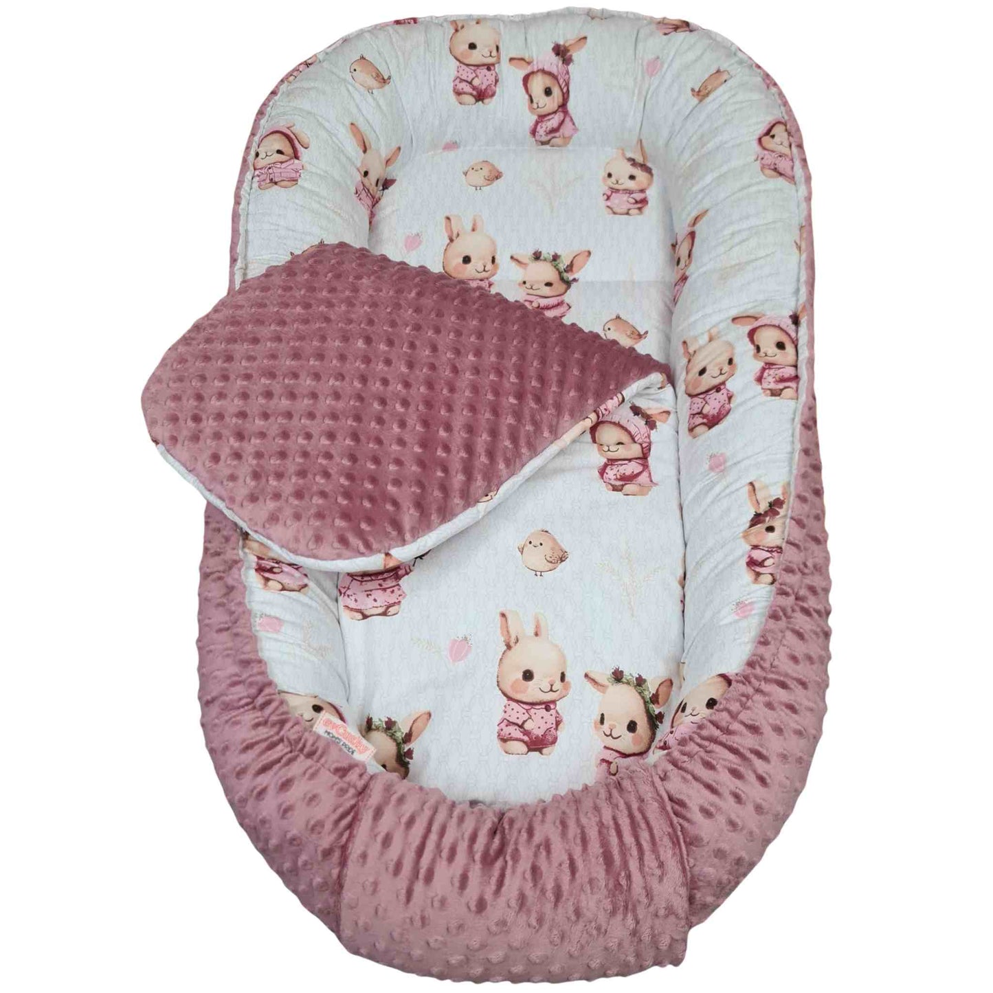 junior large nest sleep pod with handy liner pink 6+ months generous size with bunnies pattern