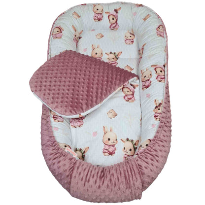 junior large nest sleep pod with handy liner pink 6+ months generous size with bunnies pattern