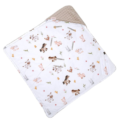 Evcushy Little Farm Friends Blanket – mocha fleece side shown with holes for car seat harness