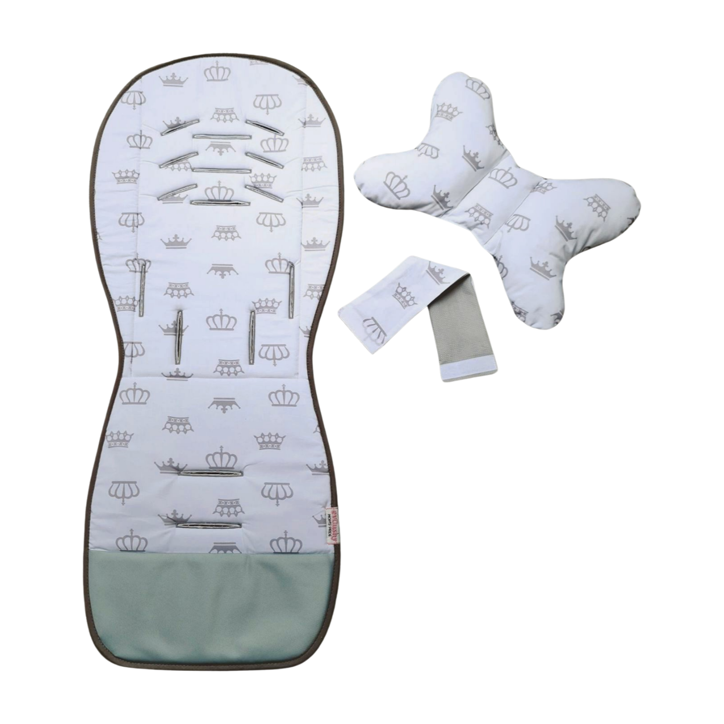 padded liner insert for strollers and pushchairs with detachable head support pillow made of velvet and cotton grey white witg crowns pattern