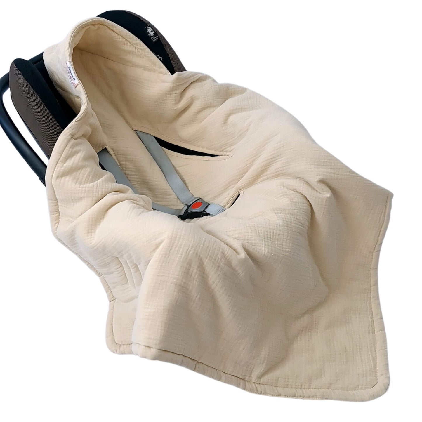 Hooded design of Evcushy car seat blanket for sun and wind protection.