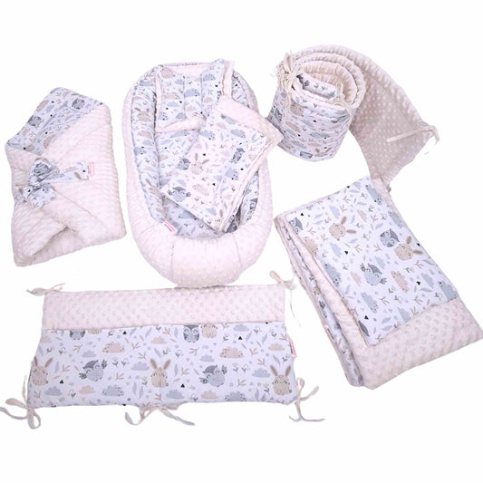 newborn baby gift set bedding blankets pillows cot bumper baby nest grey and cream colours owls and bunnies pattern