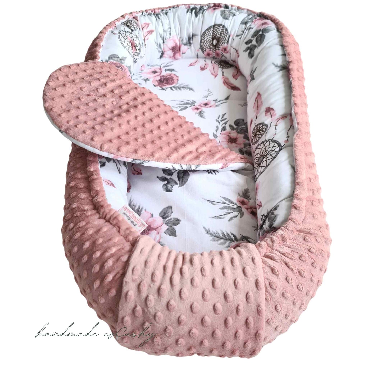 newborn baby sleep pod nest  with liner - pink on one side and dreams catchers pattern on the reverse side evcushy