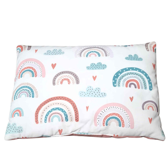 pink pillow for baby cot evcushy with rainbow pattern