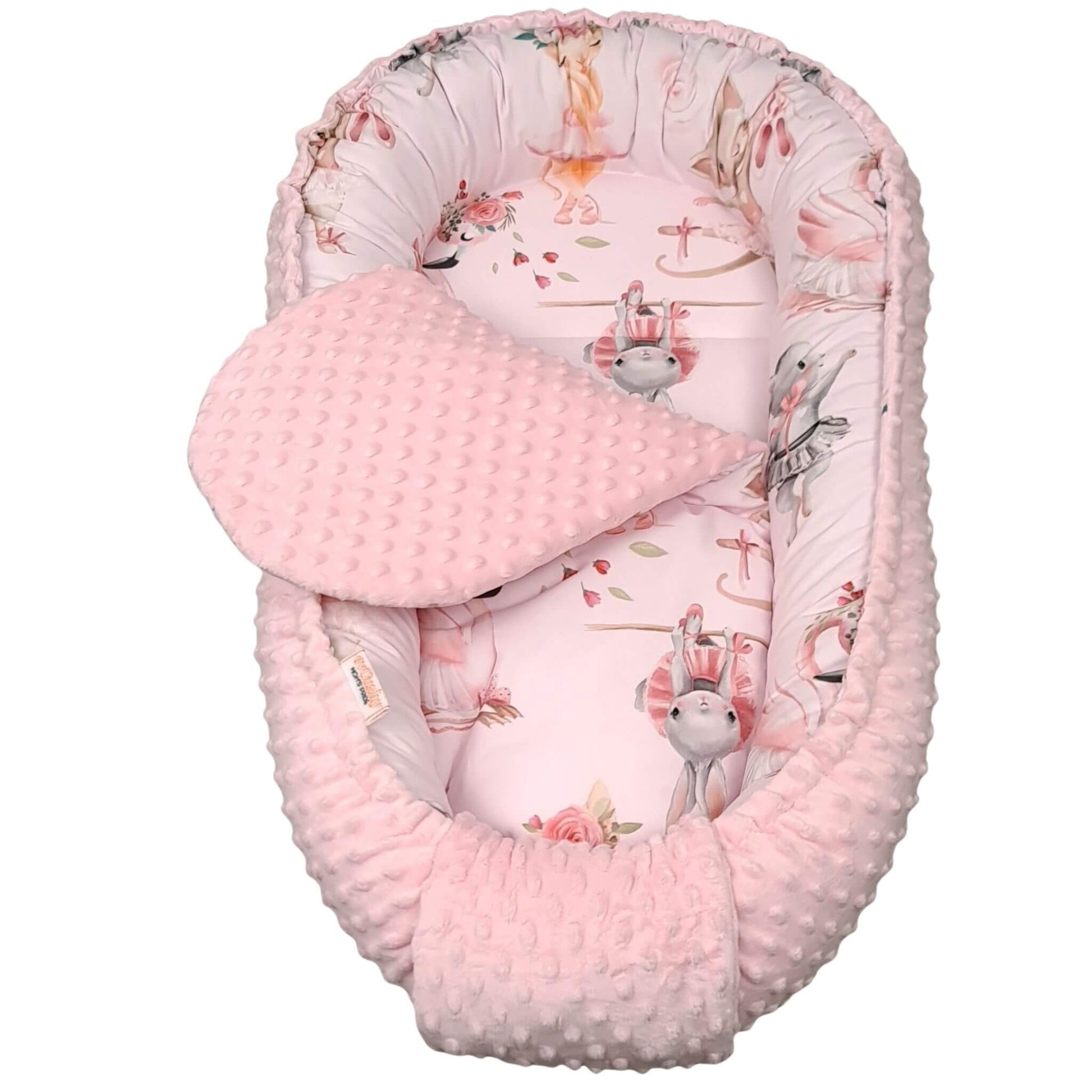 Pink baby nest pod with soft cosy plush minky fabric