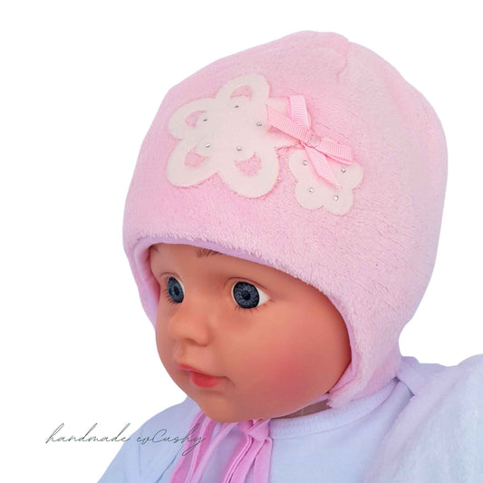 baby girl winter hat cosy fleece in pink with flower evcushy