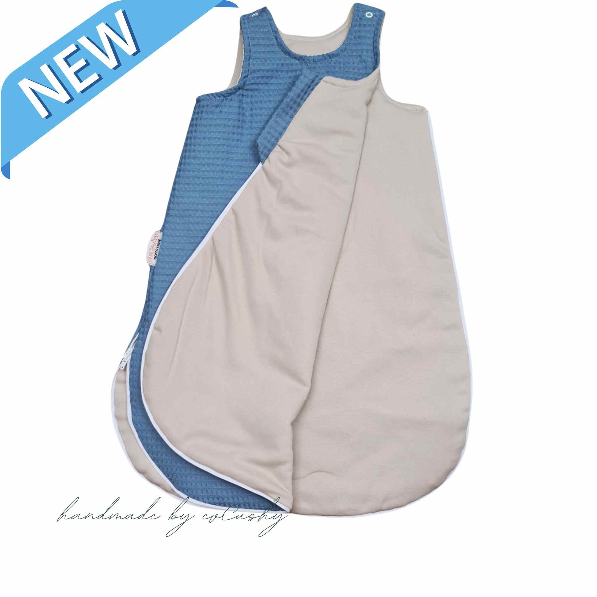 plain sleeping bag for baby jeans blue with beige lining 100% cotton 0-6 months in Ireland