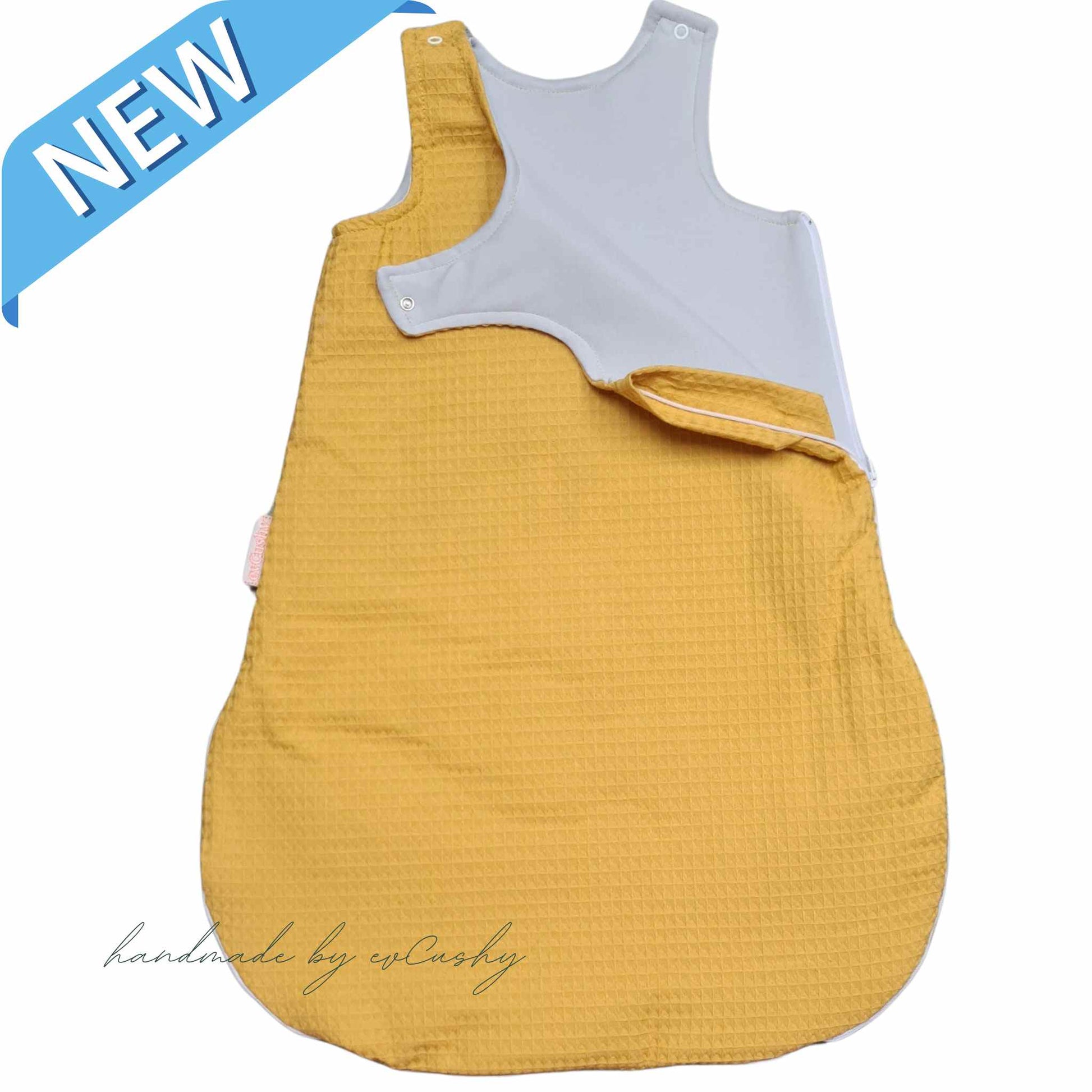 plain sleeping bag for baby saffron mustard with grey lining 100% cotton 0-6 months in Ireland