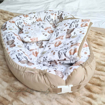 play and rest pod baby nest with quilt and pillow cosy velvet and cotton beige forest pattern evcushy newborn bundle