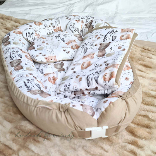 play and rest pod baby nest with quilt and pillow cosy velvet and cotton beige forest pattern evcushy newborn bundle