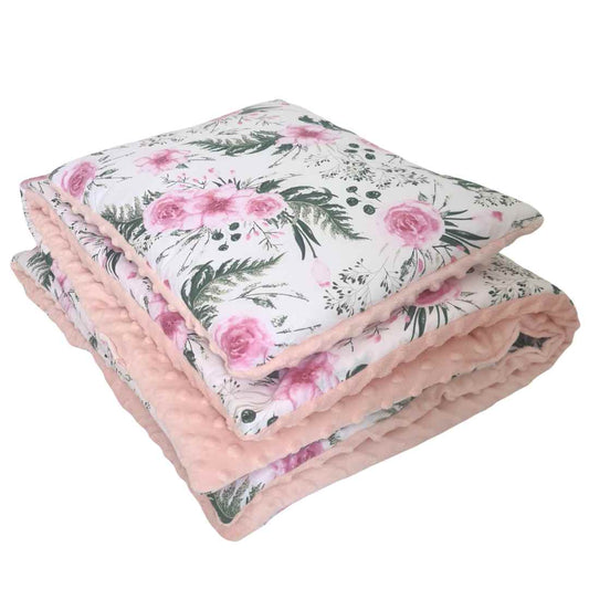 baby qult and pillow for cot pink cosy plush and 100% cotton pink roses evcushy