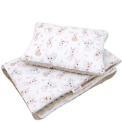 Taupe minky baby quilt and pillow set with retro-style bunny print. 1-2 years