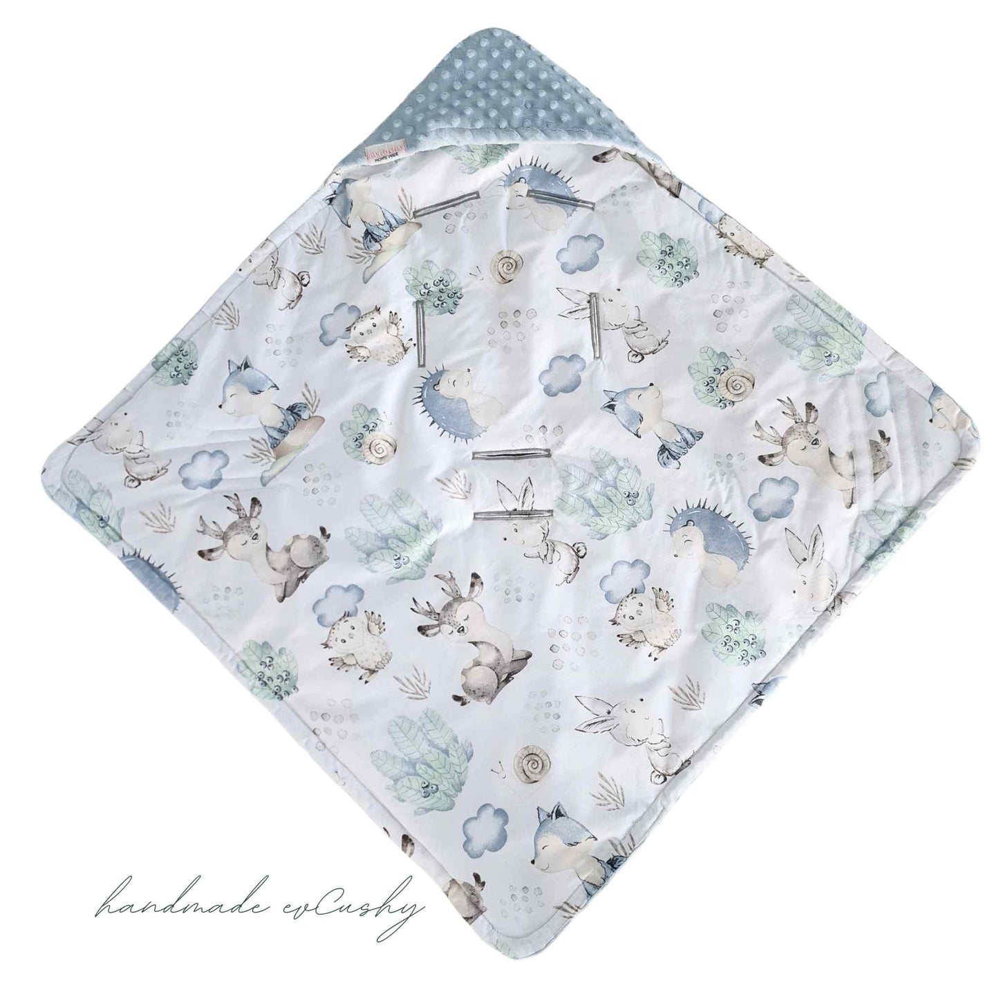 Car Seat Blanket - Deers, Foxes, Owls, Hedgehogs, and Snails in Cozy Blue Plush