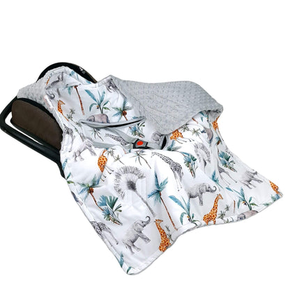 Safari car seat blanket with hood featuring elephants and giraffes, grey plush reverse, breathable and safe for 5-point harness, newborn to 12 months.