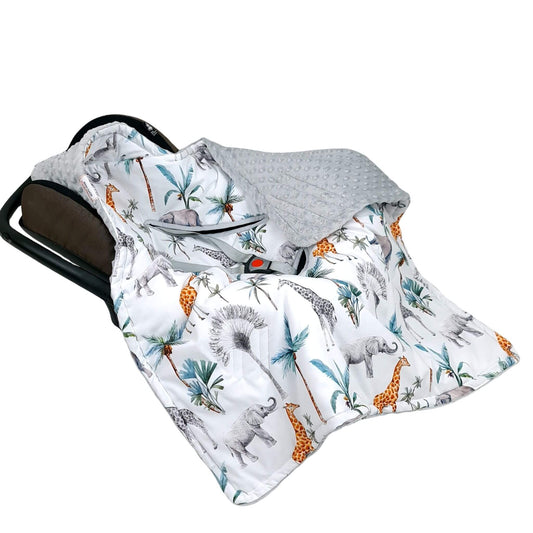 Safari car seat blanket with hood featuring elephants and giraffes, grey plush reverse, breathable and safe for 5-point harness, newborn to 12 months.
