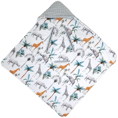 Safari print baby car seat blanket placed in infant car seat, breathable cotton with elephants and giraffes, grey plush reverse, 5-point harness compatible.