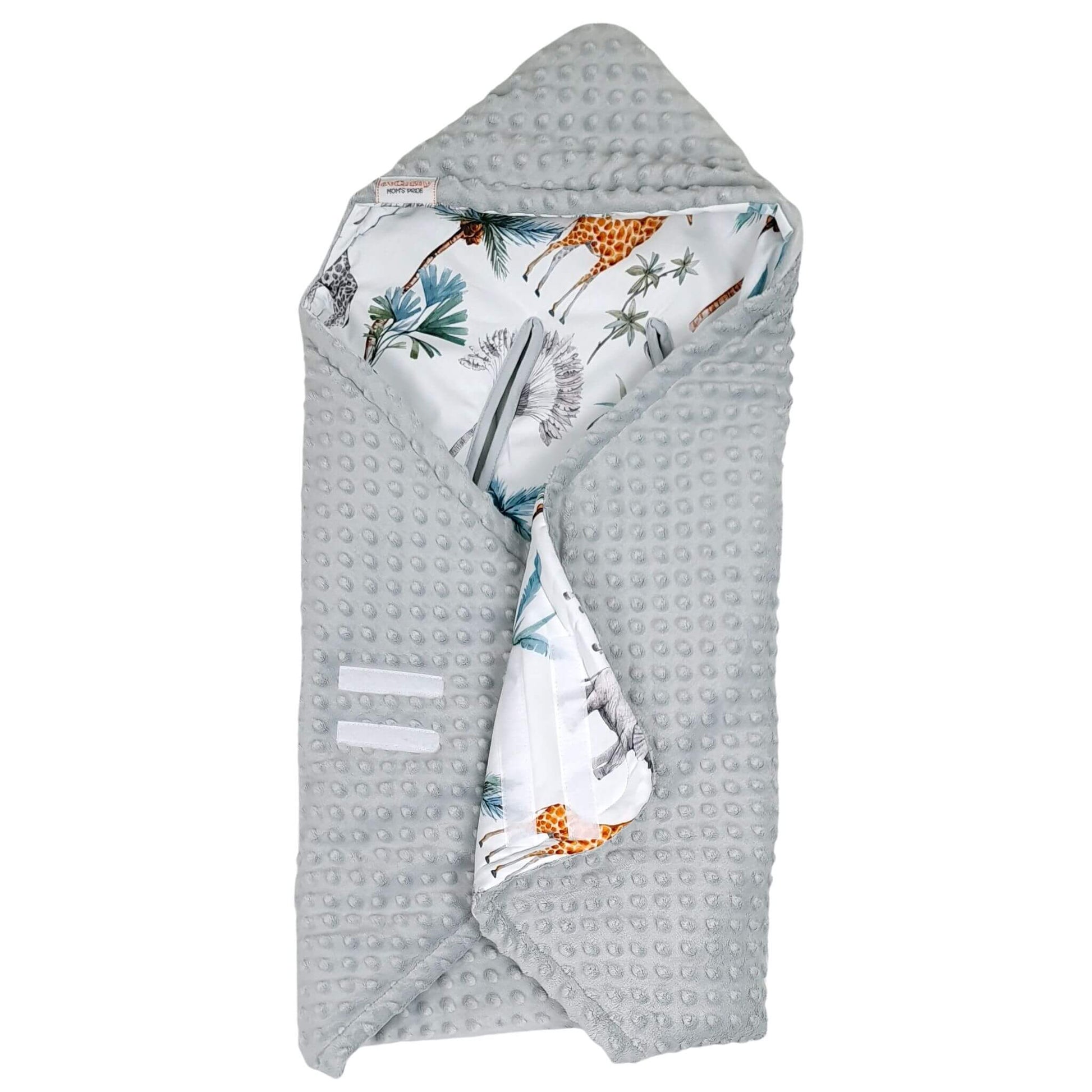 Evcushy Safari baby car seat wrap with soft grey plush, premium cotton safari print, cosy hood and harness-safe openings for infants.