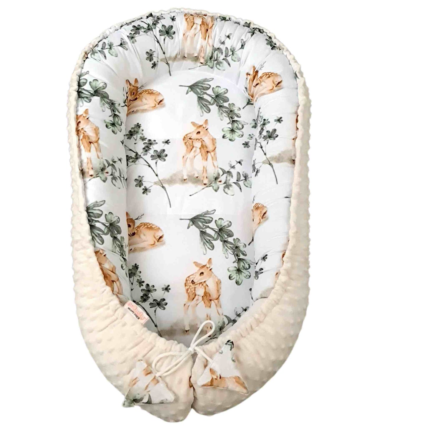 safe baby nest cream colour unisex pattern with baby deers and eucaliptus pattern for newborn up to 7 months and more evCushy
