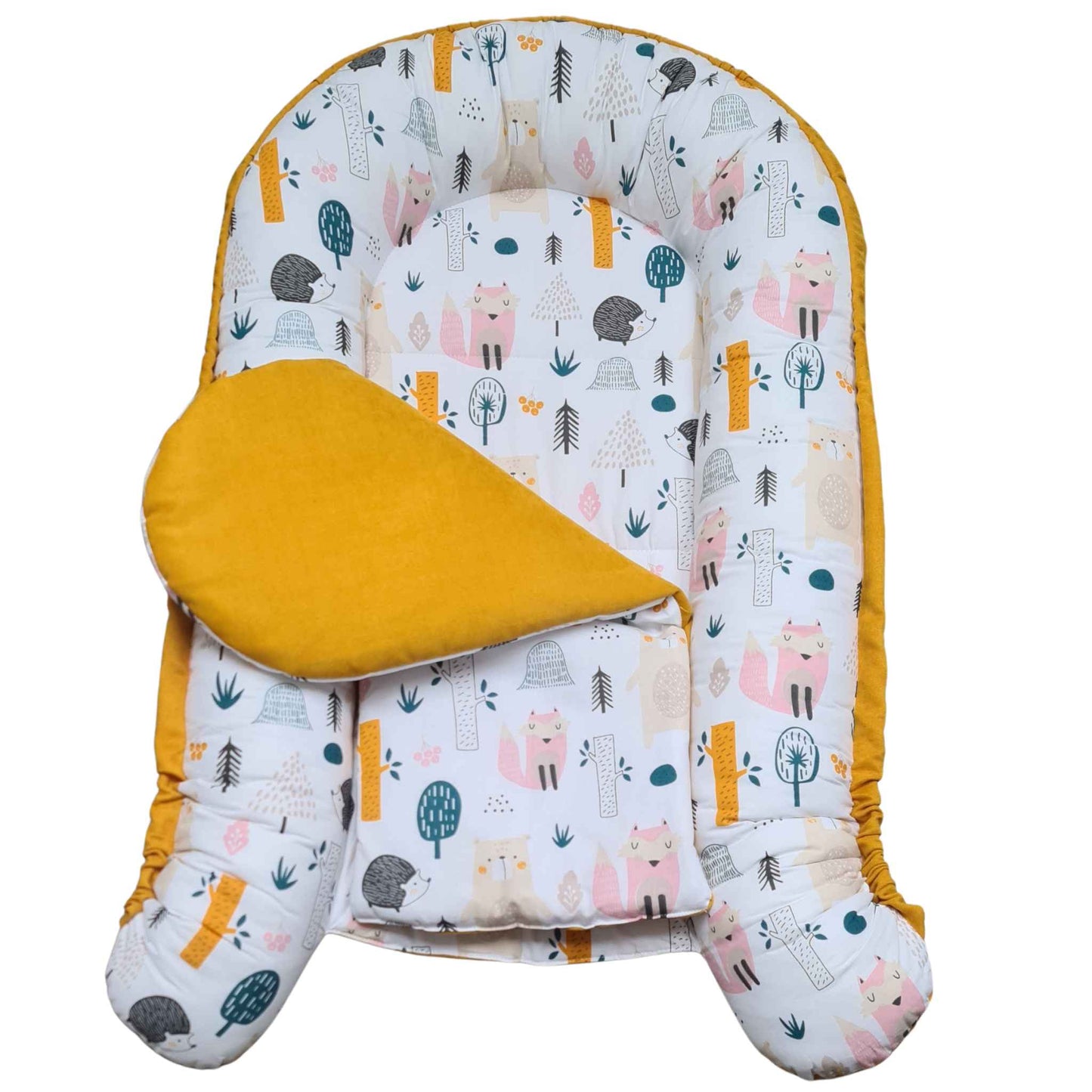 safe baby nest mustard with forest animals evcushy nest with liner