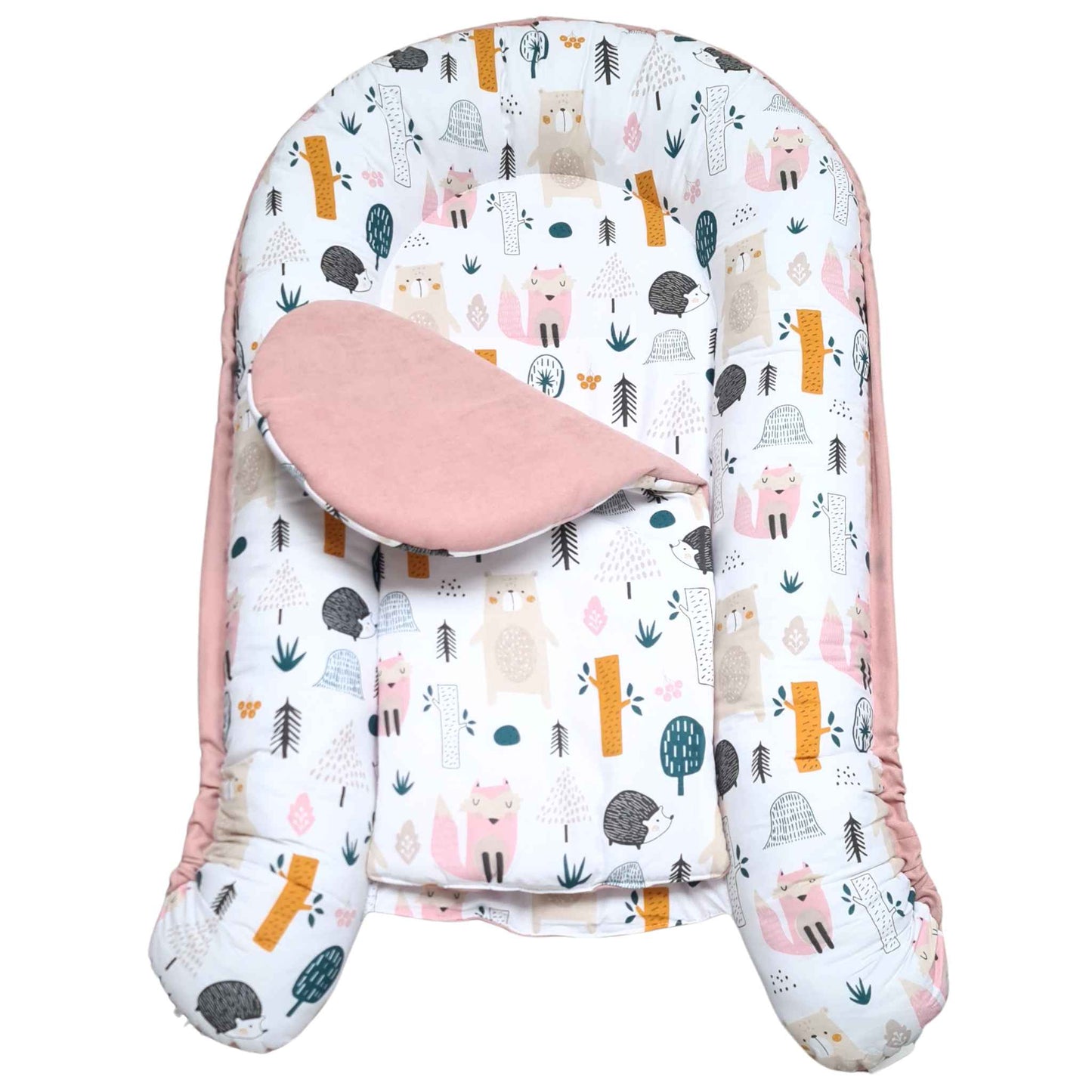 safe baby nest pink with forest animals evcushy nest with liner