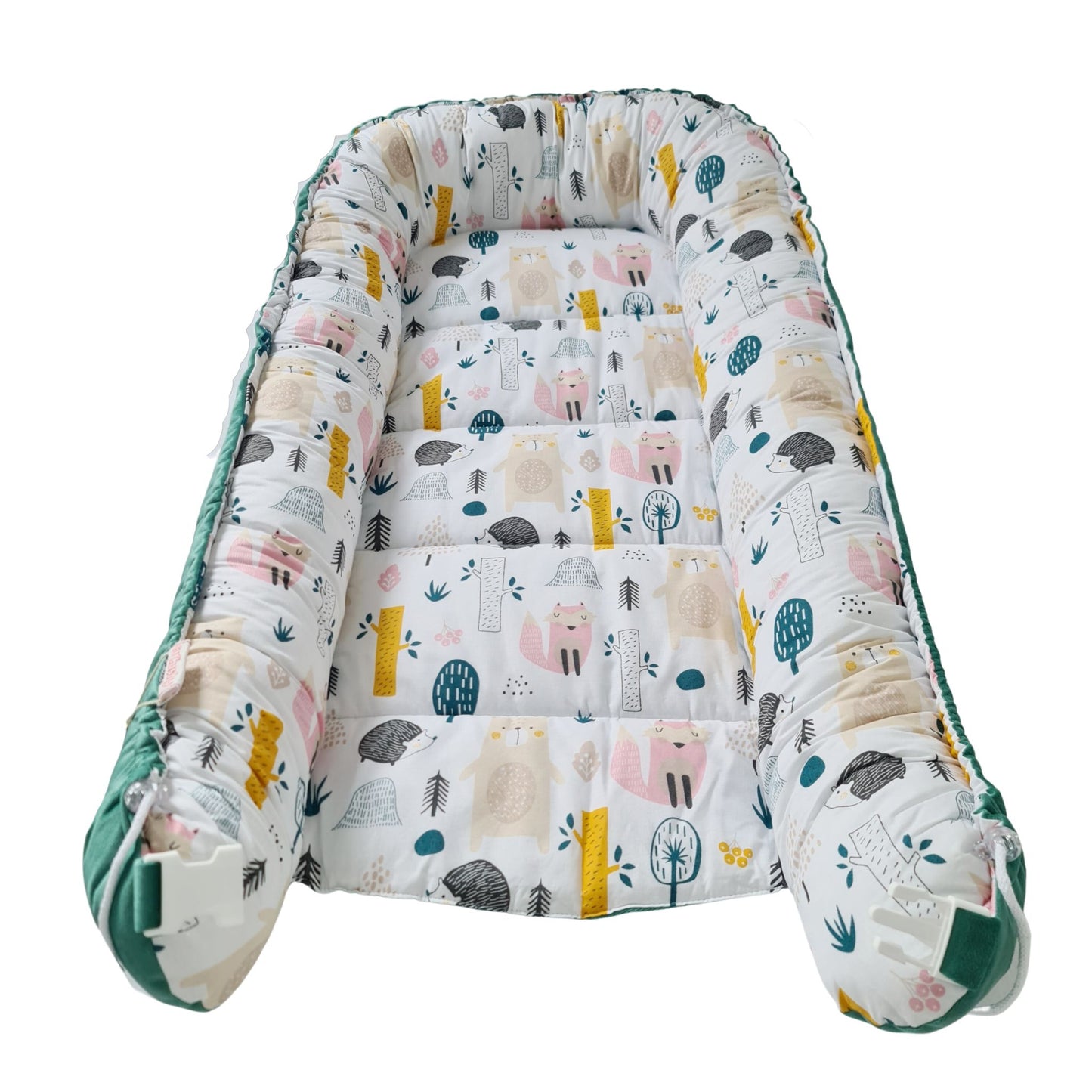 evcushy nest for baby  and toddlers woodland pattern green