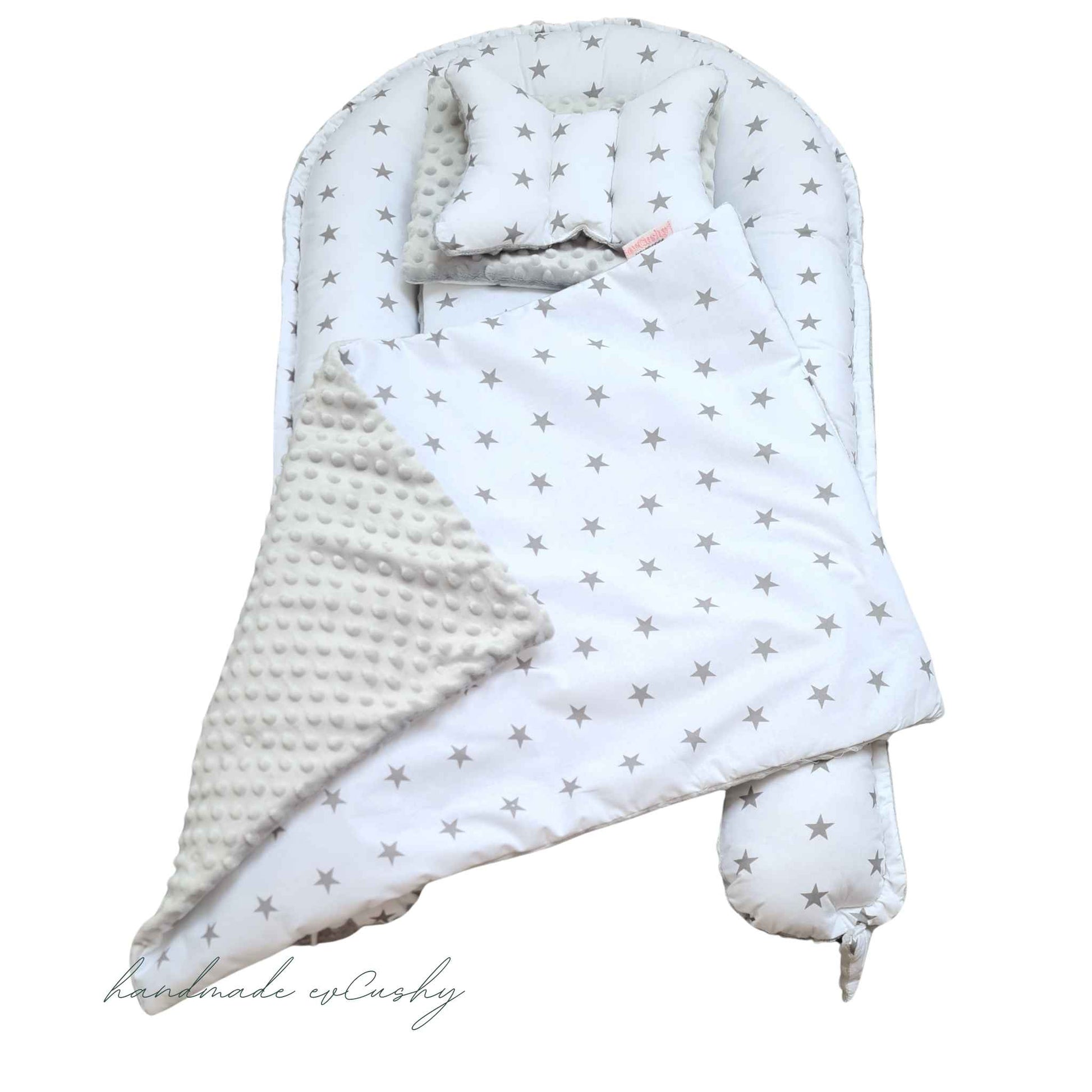 best baby nest with pillow and blanket white with grey stars and grey dimple fleece on reverse evcushy with blanket and pillow