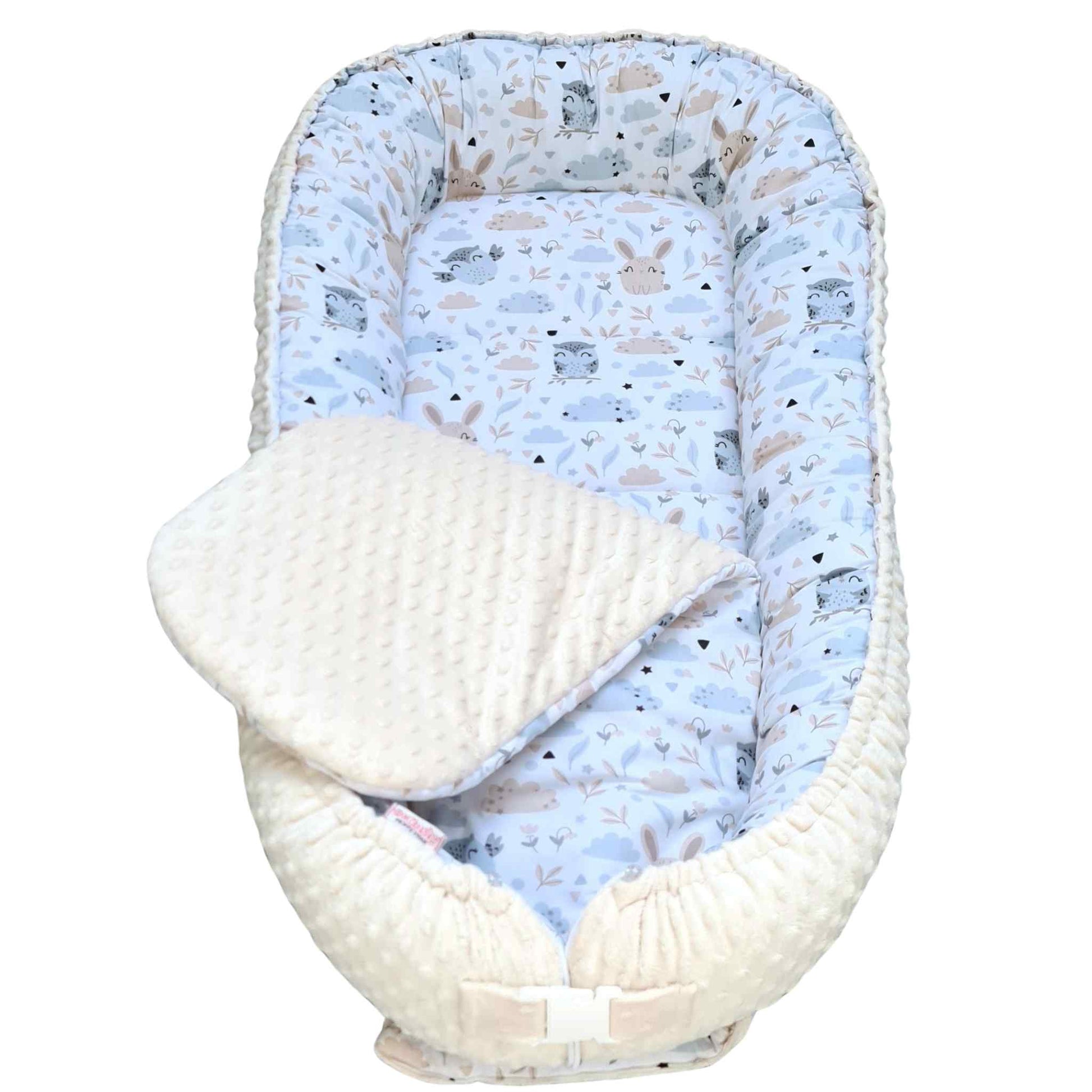 snuggle and play pod for cosy naps for children up to 36 months cream cosy minky and 100% cotton with owls and bunnies pattern play mat changing mat  with liner