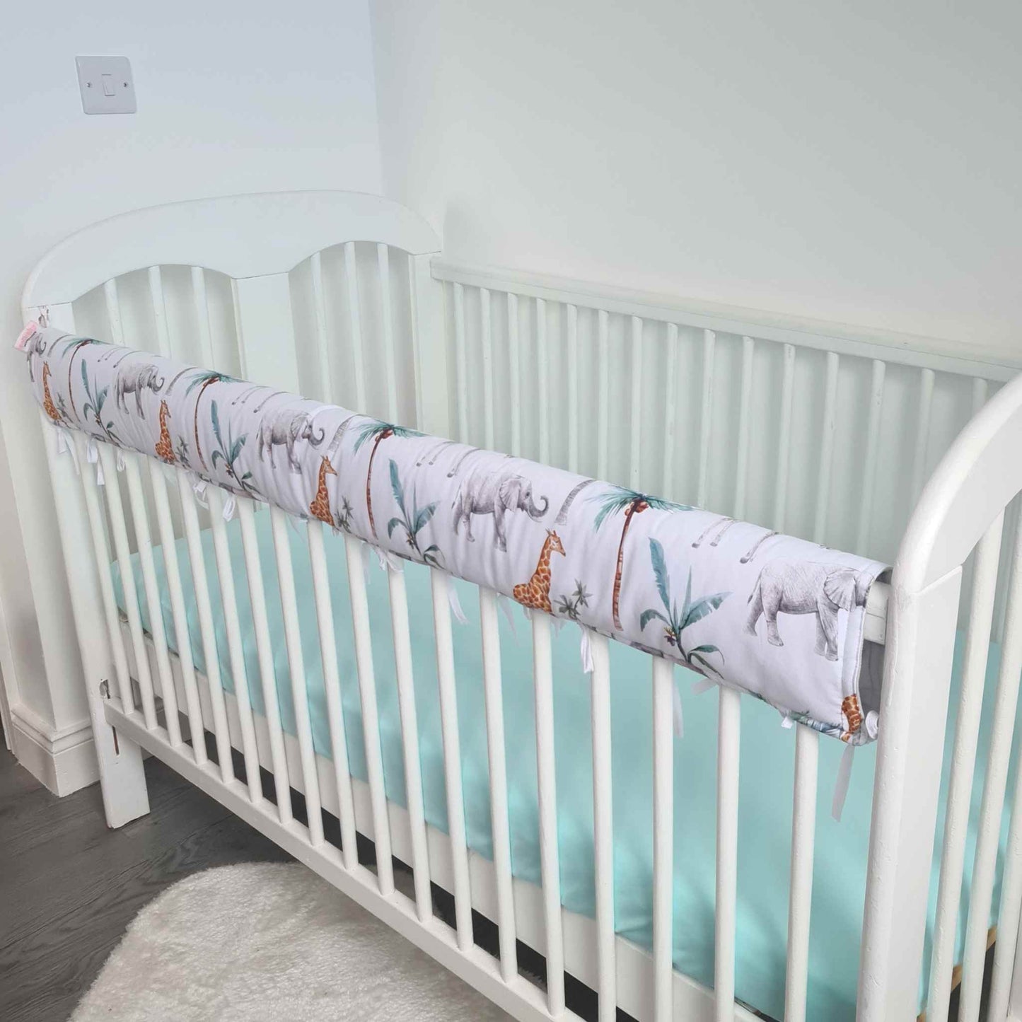 safari dream nursery with giraffes and elephants cot bed rail bumper grey with padding