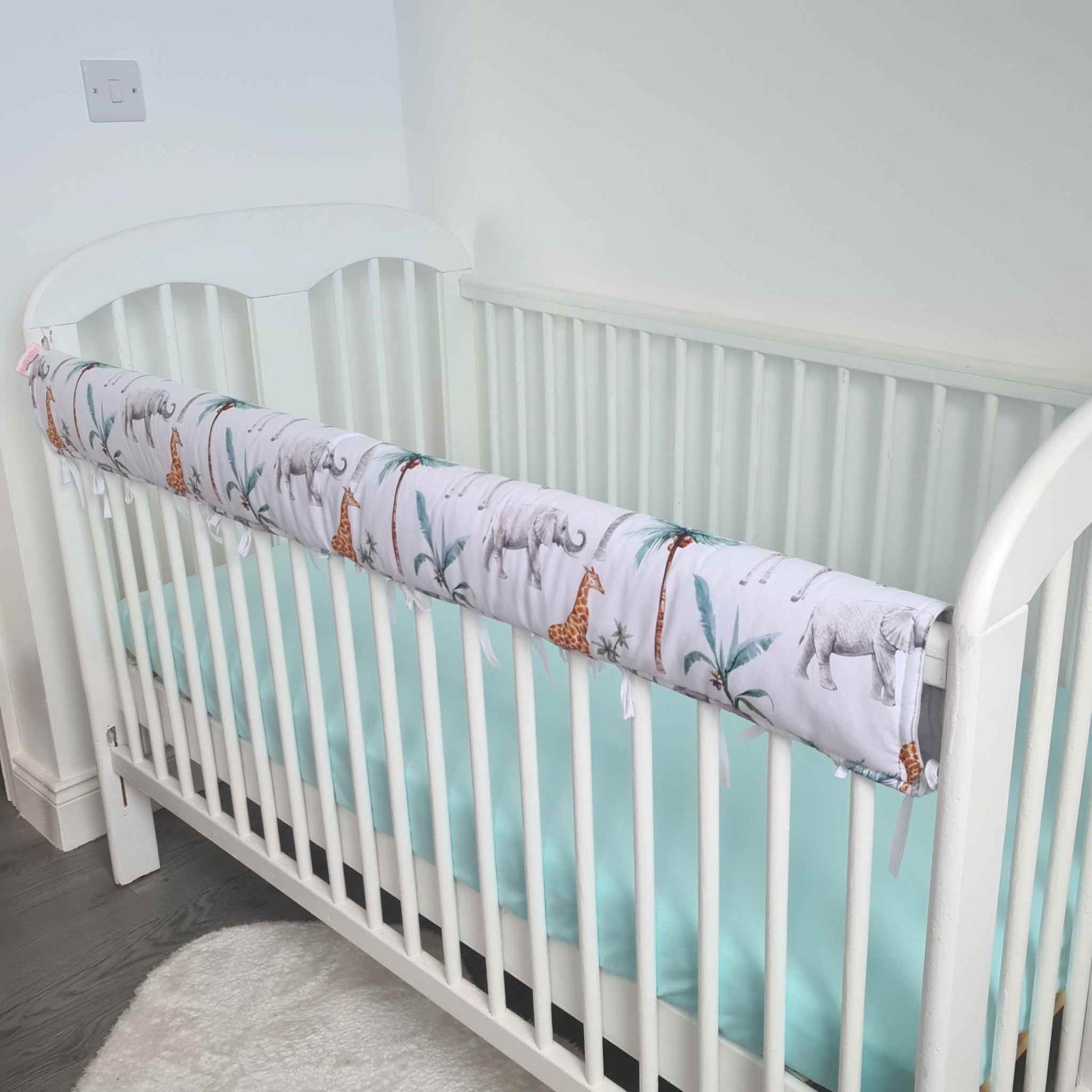 safari dream nursery with giraffes and elephants cot bed rail bumper grey with padding