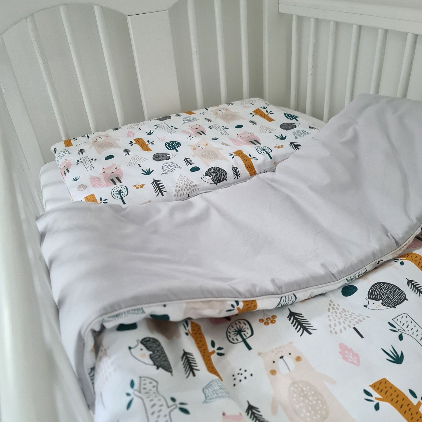 evcushy bedding with filling for toddlers woodland theme grey