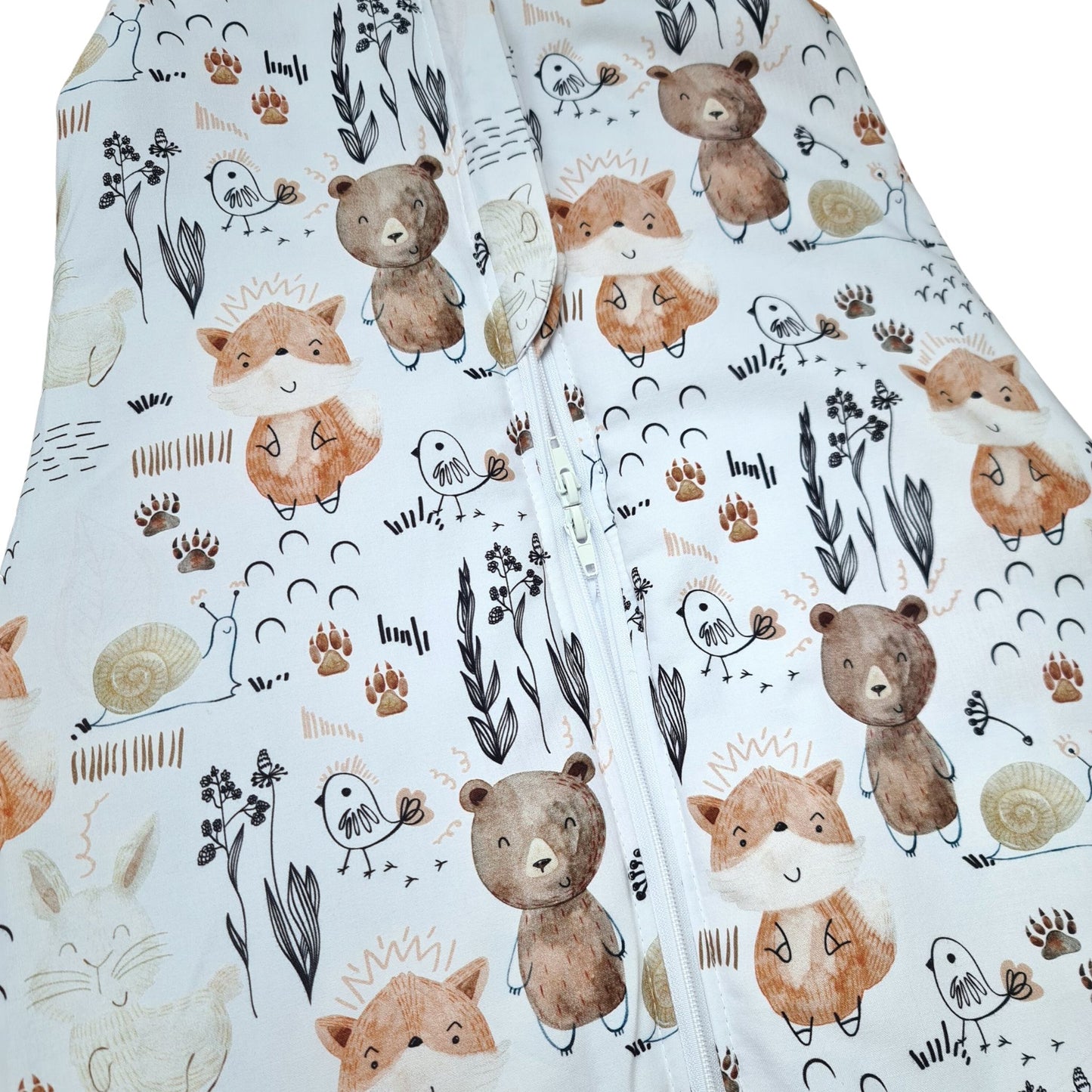toddlers sleeping bag with feet in Ireland forest animals pattern