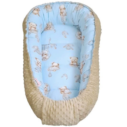 op view of blue baby nest with mocca teddy bear pattern with mocca soft minky for newborn