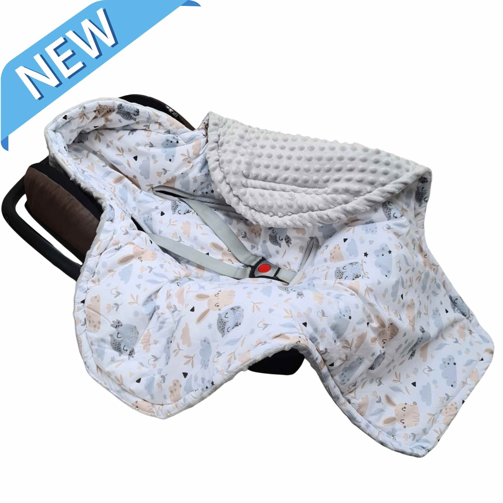Universal car seat blanket infants 0-12 months owls bunnies pattern with grey plush