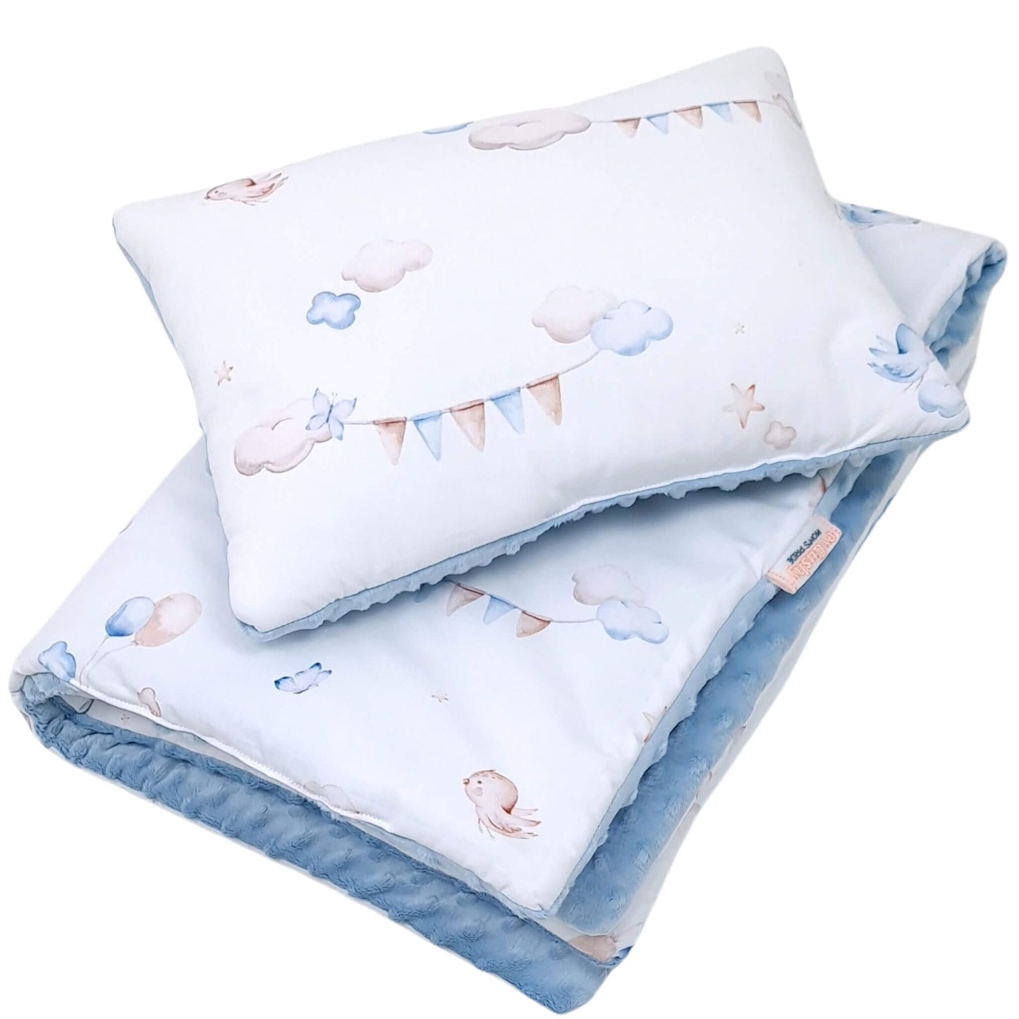Handmade baby bedding with delicate sky design in blue and beige tones with soft minky fleece backing. QUILT AND PILLOW FOR 1-2 YEARS