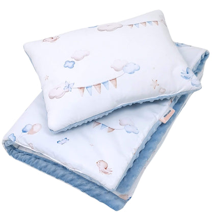 Handmade baby bedding with delicate sky design in blue and beige tones with soft minky fleece backing. QUILT AND PILLOW FOR 1-2 YEARS
