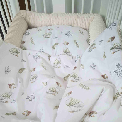 warm quilt and cosy pillow for toddlers made from 100% cotton on one side and cosy plush in cream colour on the reverse side